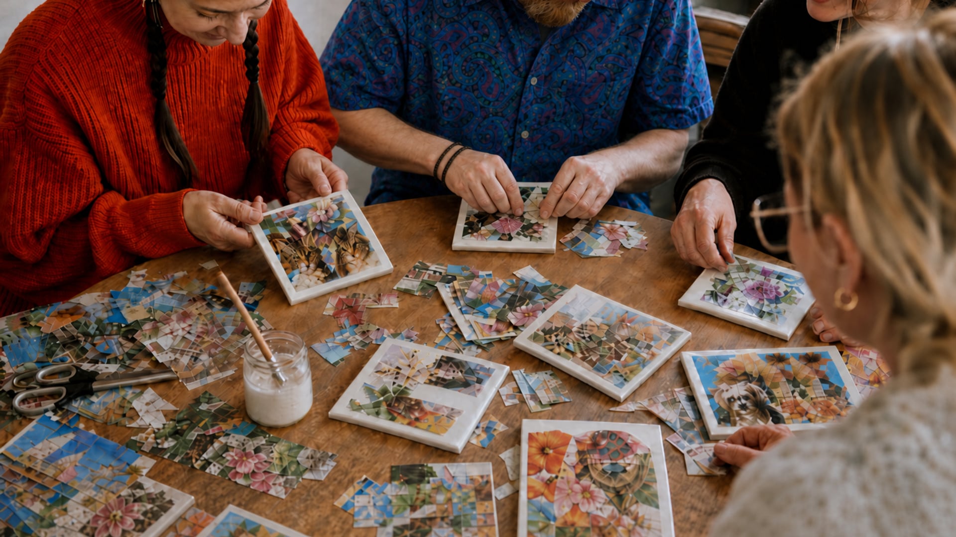 Grupa przy stole — kolaż papierowy na płytkach ceramicznych
